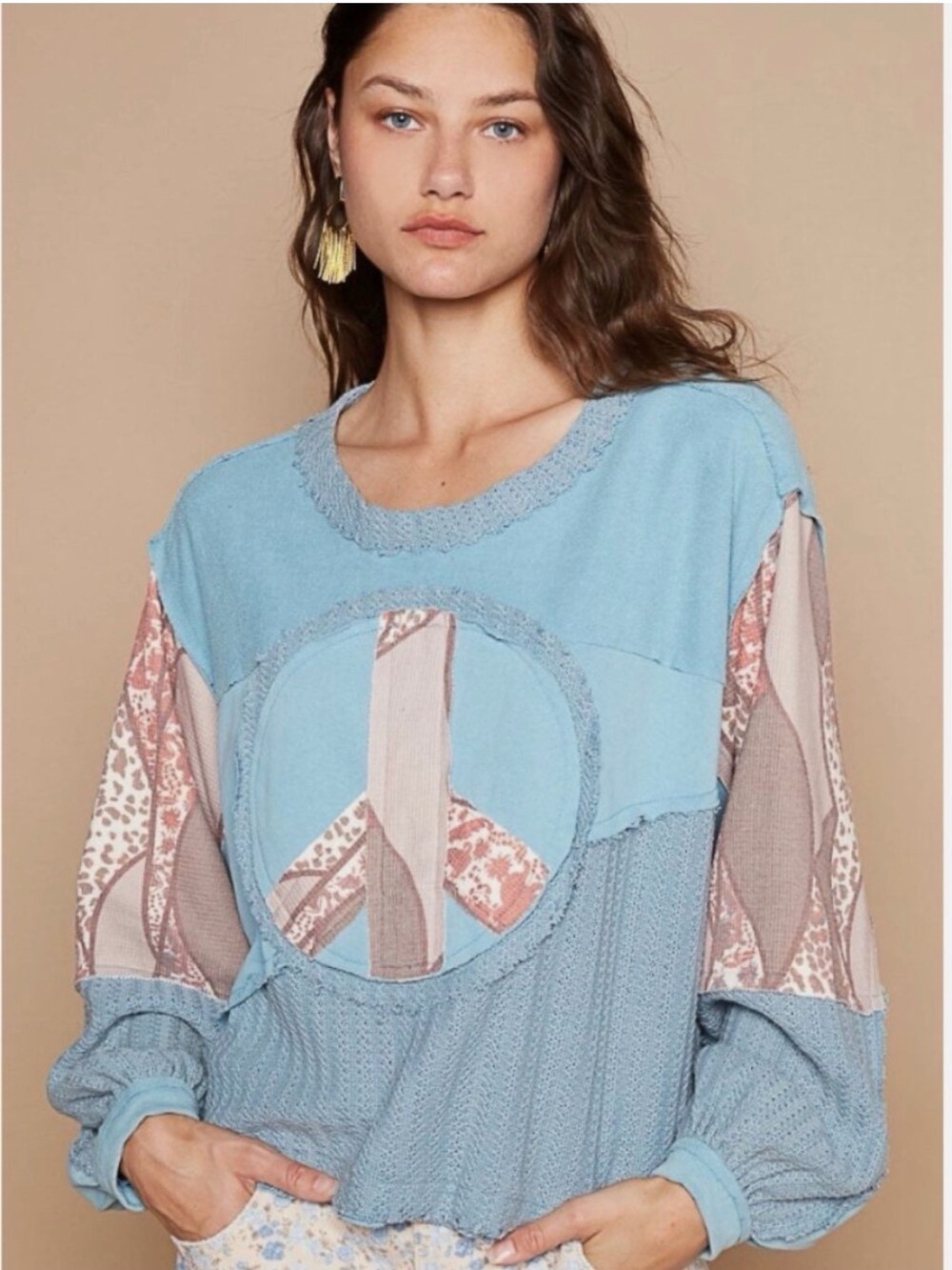 POL Long Sleeve Peace Emblem Top- FKT1078